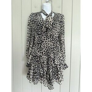 Bardot Mini Dress S Small Gray Black Georgette Leopard Print Ruffle Long Sleeve